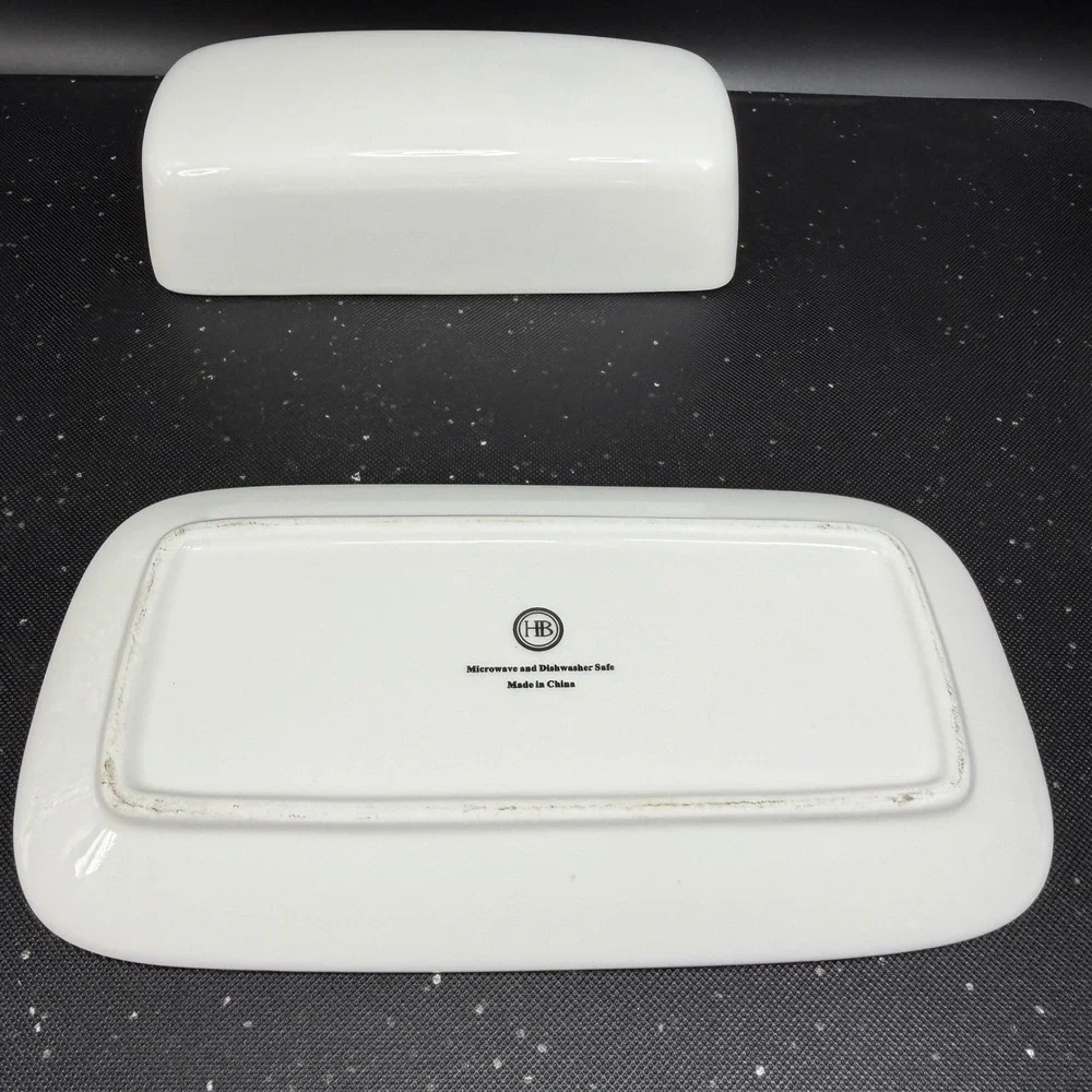 HB White Ceramic Butter Dish with Lid Microwave and Dishwasher Safe 8x4 Inch